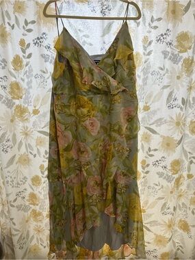 Express Olive Green and Pink Floral Midi Slip Dress
